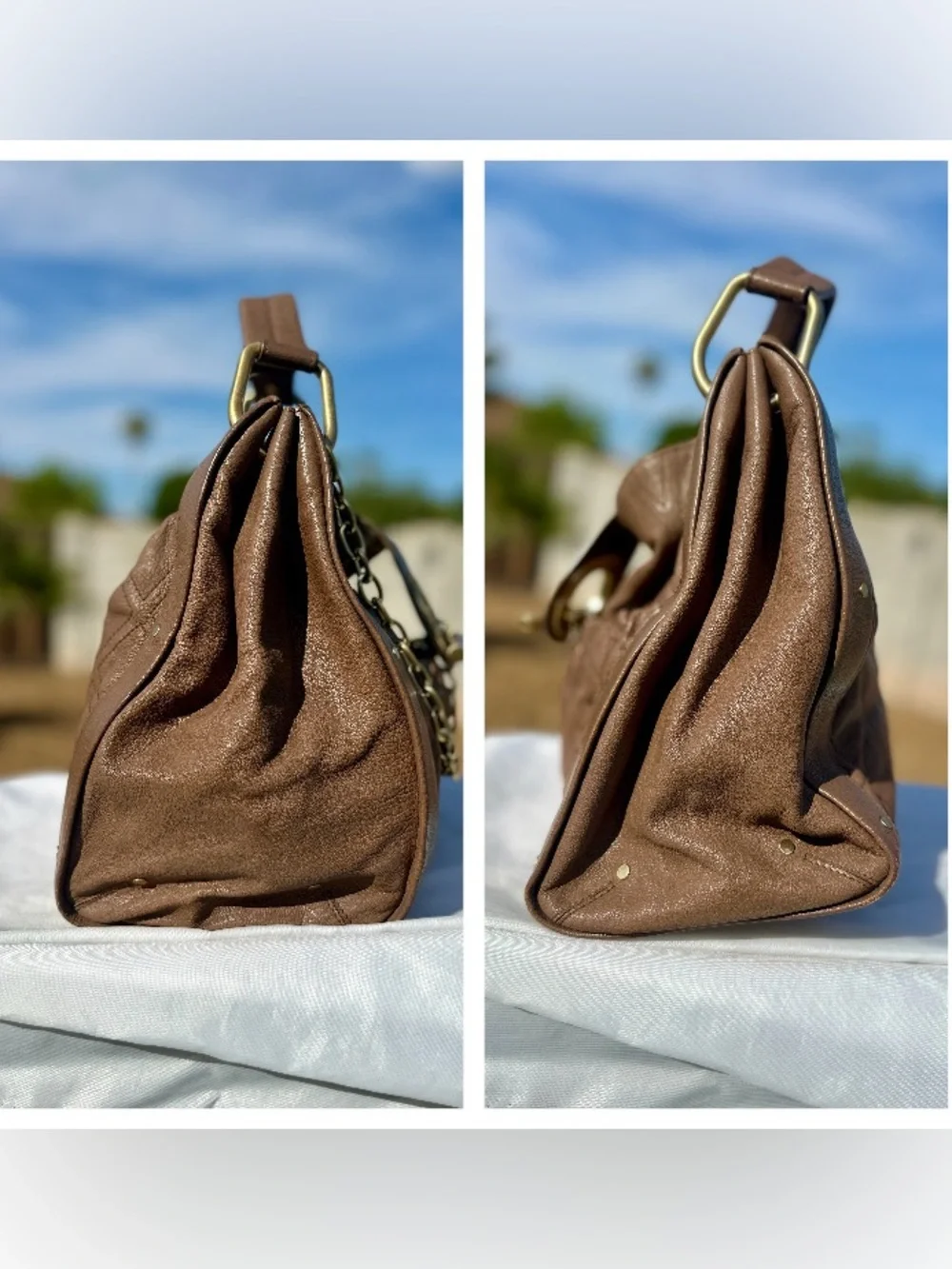 BALLY Made in Switzerland Brown Leather Top Handle Bag Gold Chain